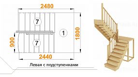 Межэтажная лестница К-004м/1 лев .на 180° с подступенниками  под покраску
