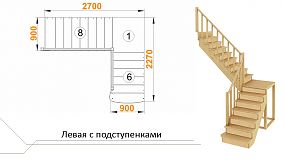 Межэтажная лестница К-002м/4 на 90° с подступенками Левая
