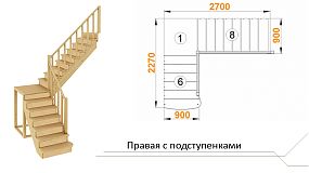 Межэтажная лестница К-002м/4 на 90° с подступенками Правая