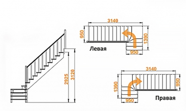 Межэтажная лестница К-031/3 на 90° левая