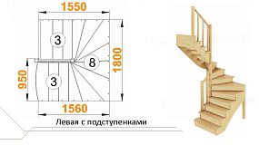 Межэтажная лестница К-003м/2 на 180° с подступенниками Левая