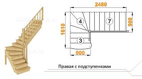 Межэтажная лестница К-001м/2 пр. на 90° с подступенками под покраску 